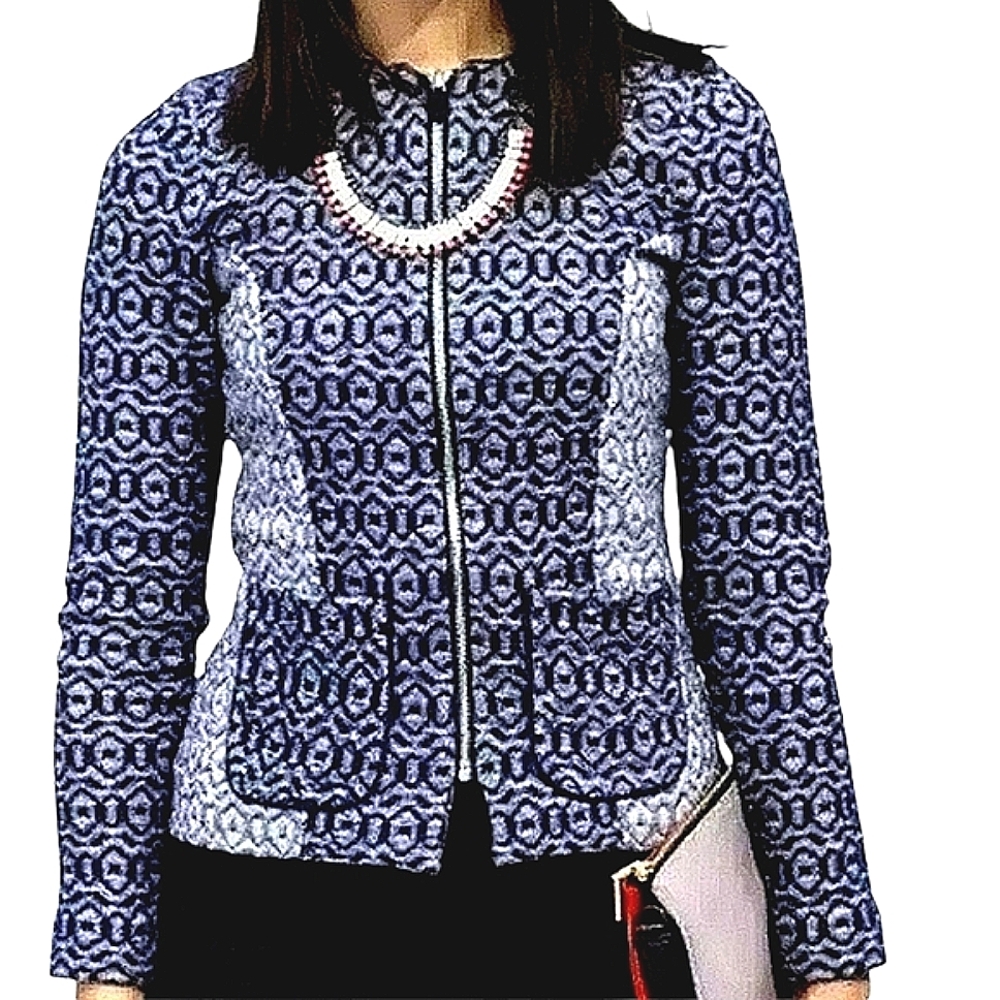 Anthropologie × Rosie Neira Cotton Jacquard Printed Diamond Geo Zip Up Jacket MD